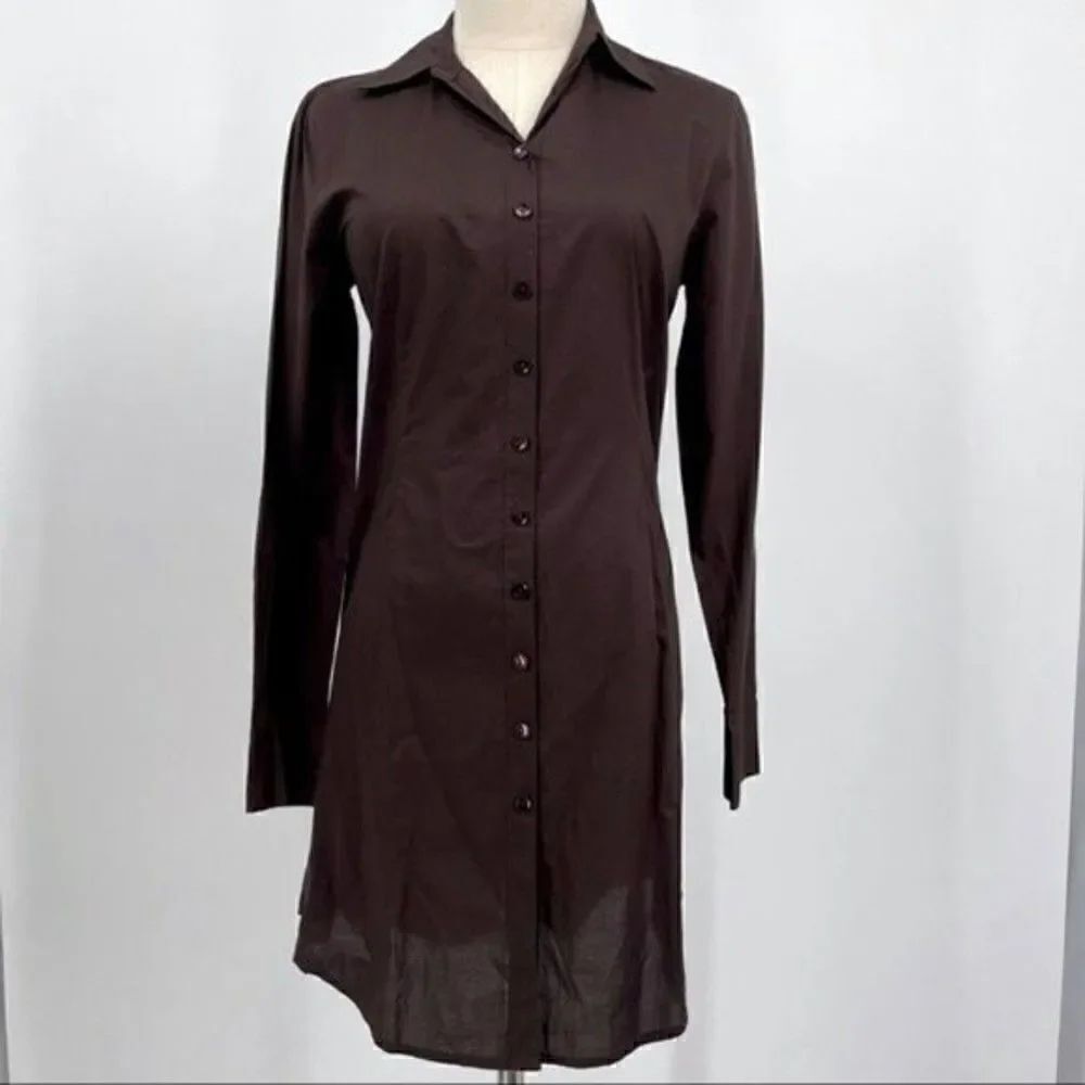 Eileen Fisher brown tunic dress XS BoxN buttondown long sleeve organic cotton